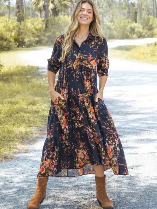 NATURAL LIFE Dresses & Skirts - Natural Life Rebecca Midi Dress Navy Red Bouquets Floral Boho Pockets M